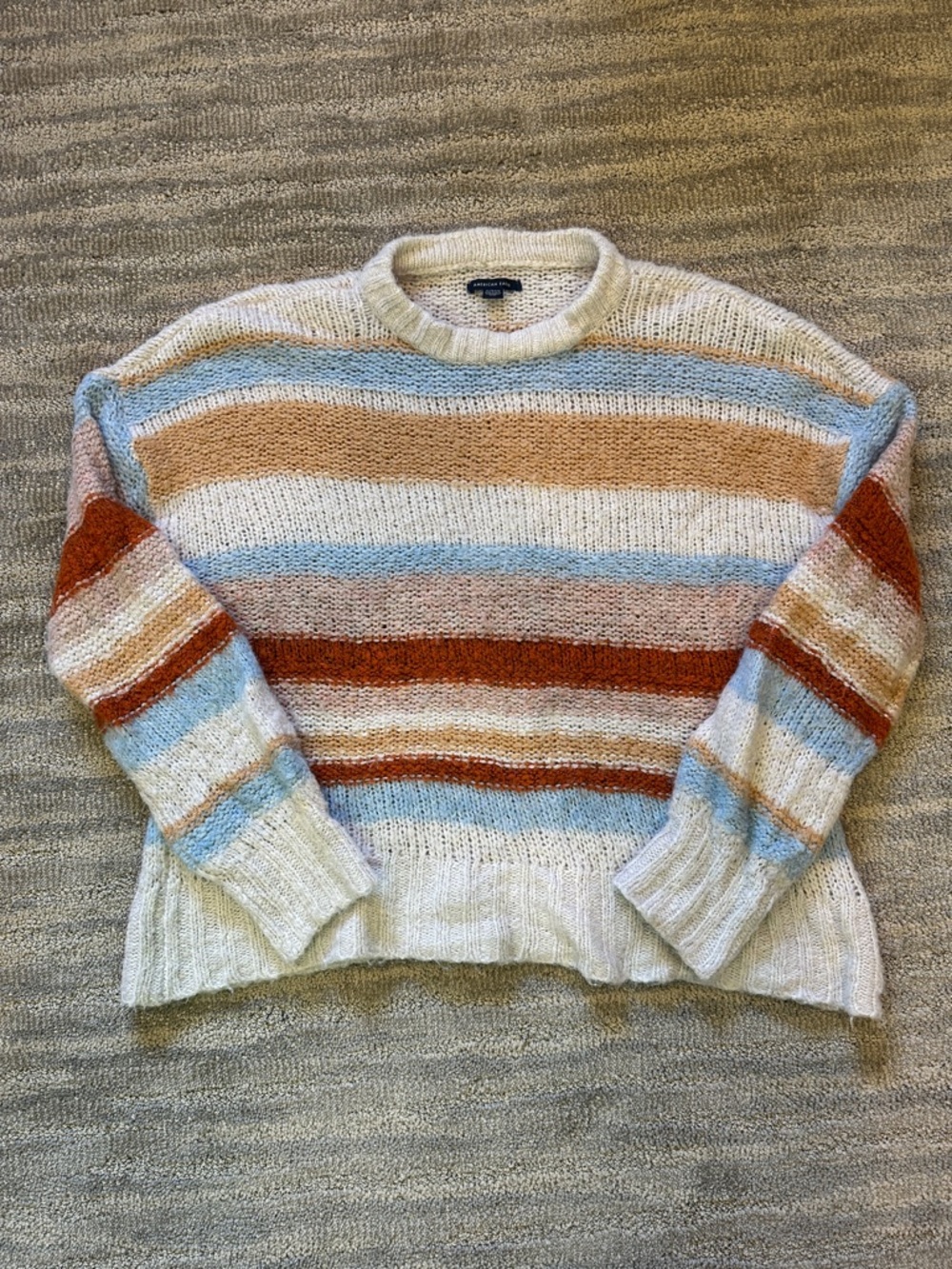 Men's Striped Crewneck Sweater in Cream with Rust & Light Blue
